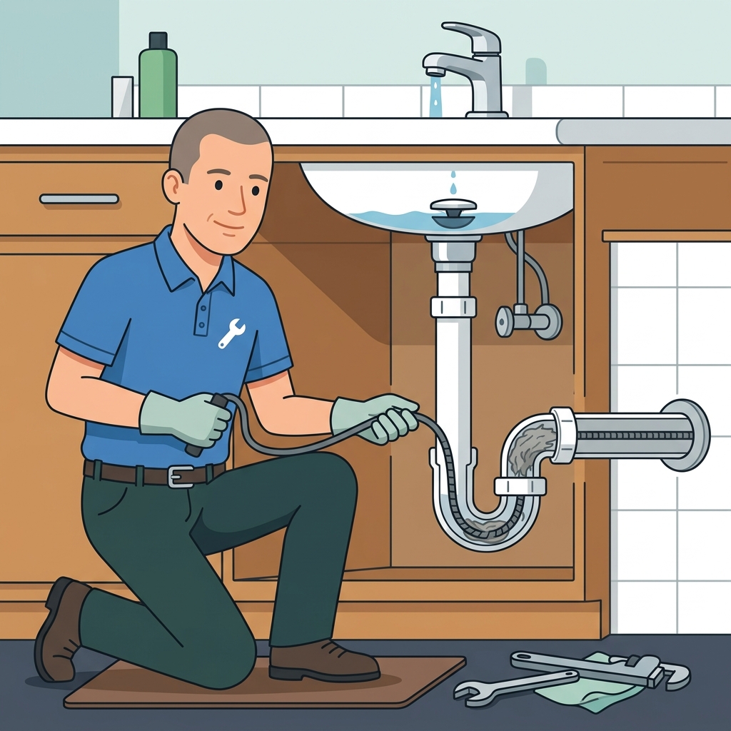 Educational diagram of a plumber clearing a drain line