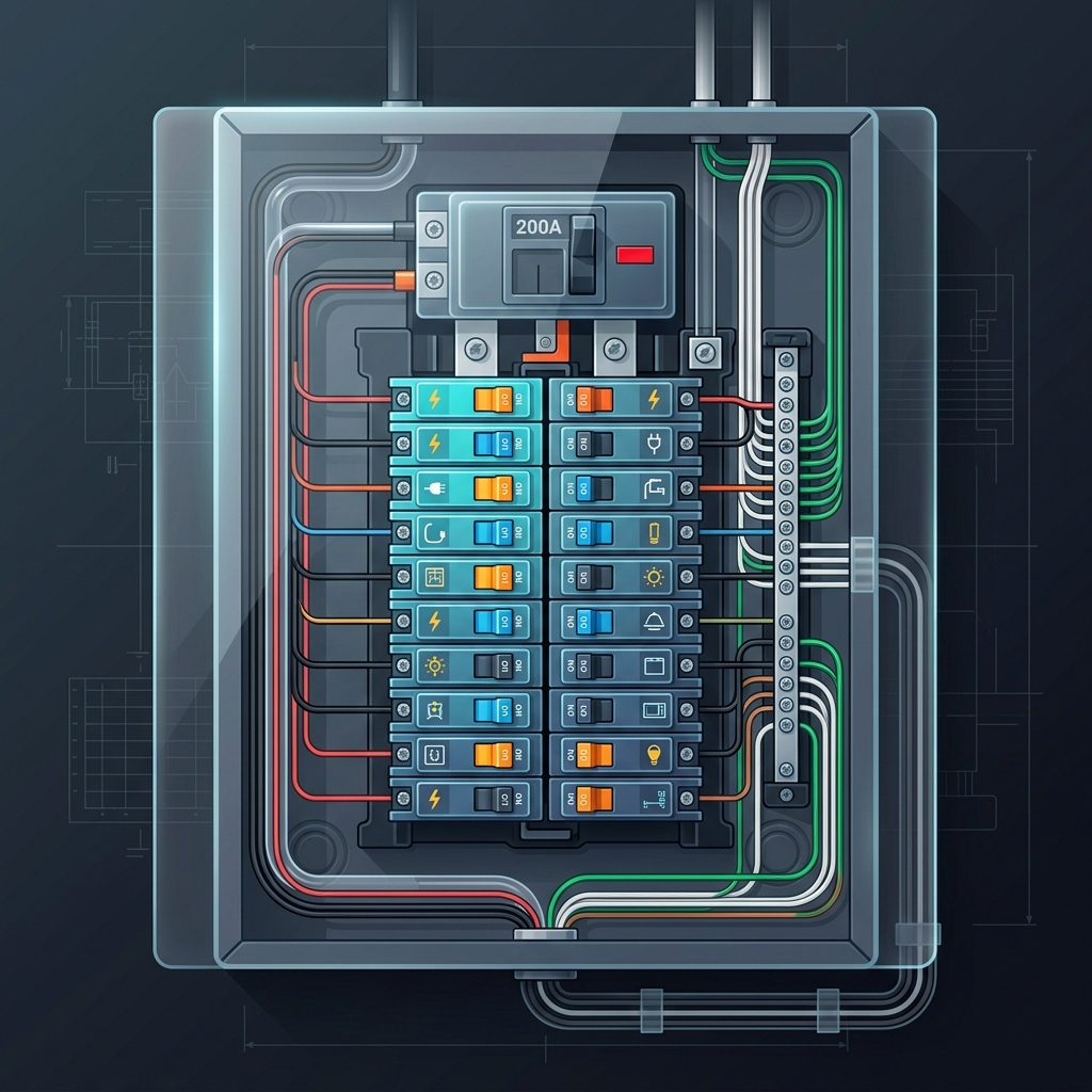 Breaker panel diagram showing main breaker, bus bars, and branch breakers