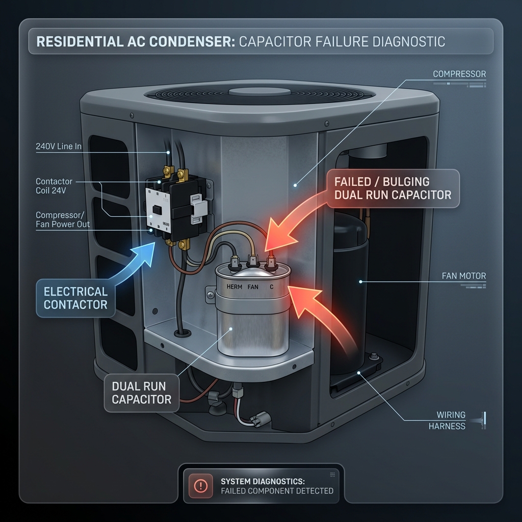 Failed bulging AC capacitor on a residential condenser unit