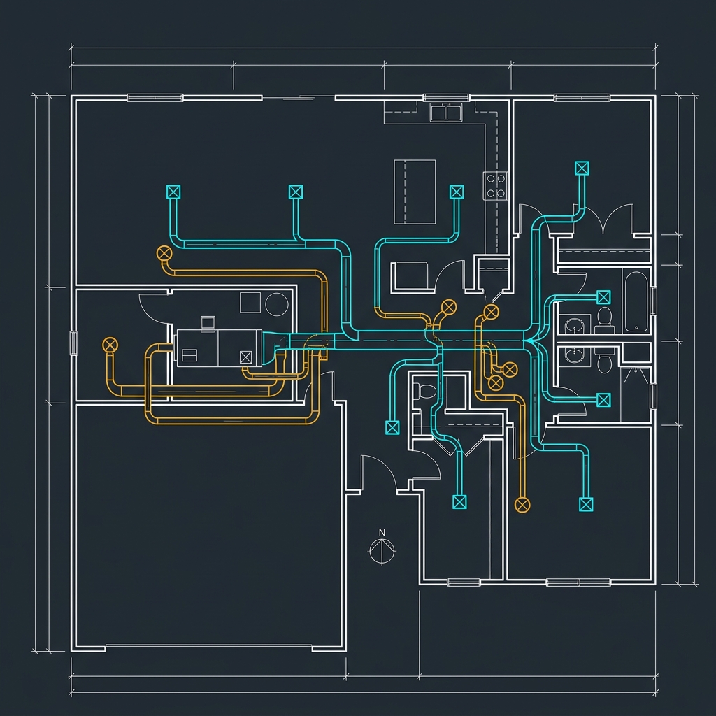 Residential ductwork layout showing supply and return air distribution