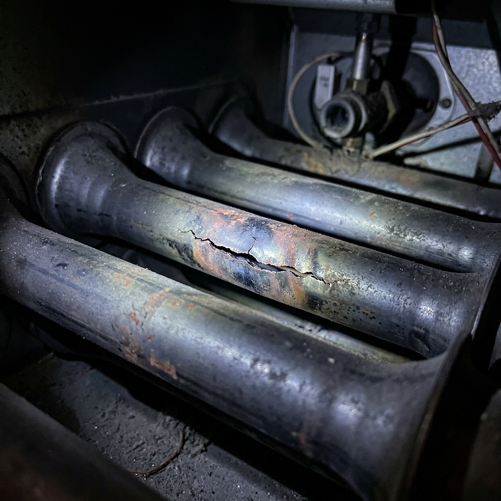 Close-up of cracked heat exchanger inside a gas furnace