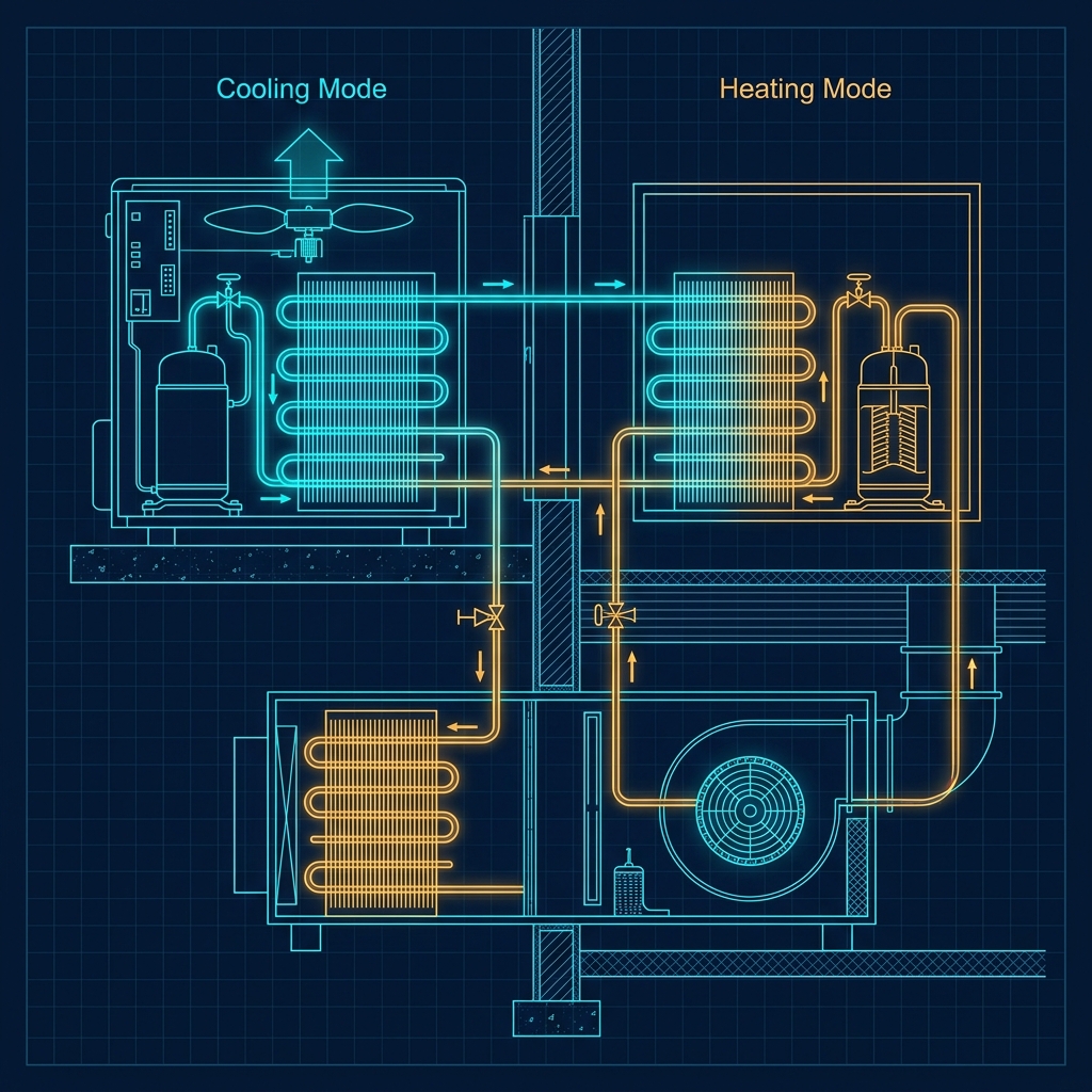 Heat pump system diagram showing refrigerant cycle