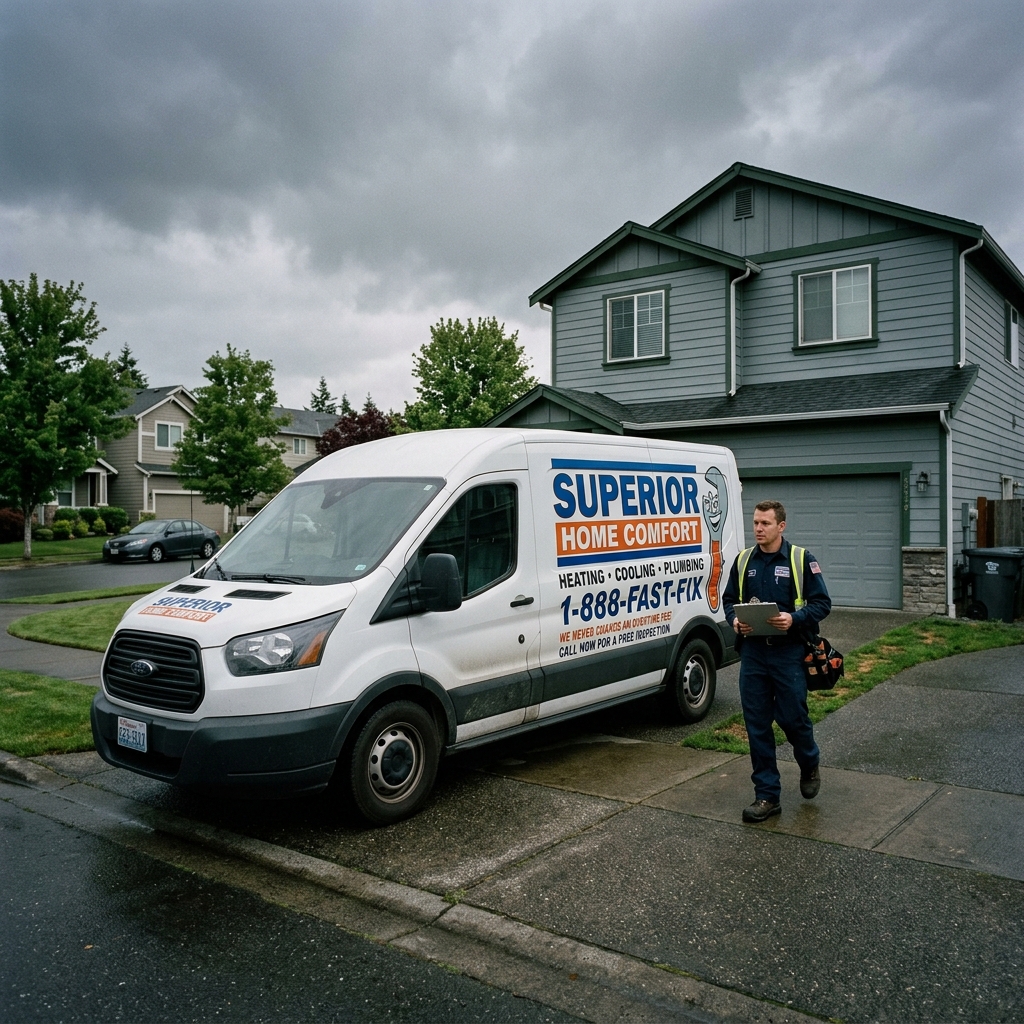 Corporate HVAC service van and tech at residential home