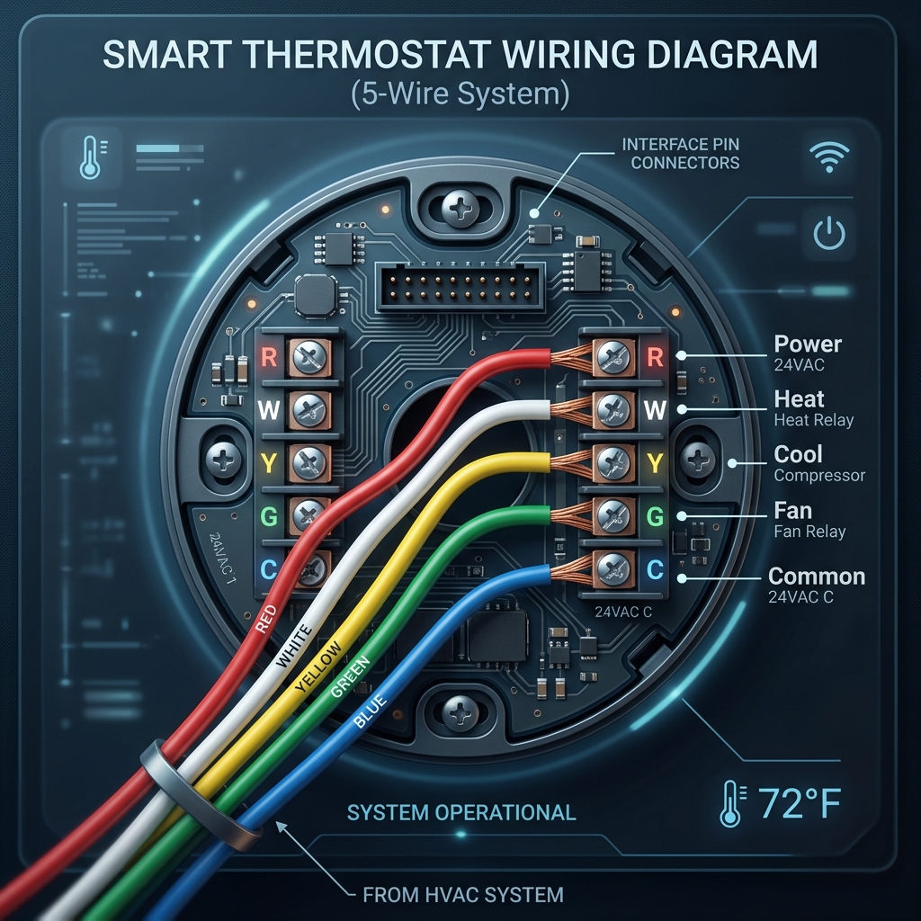 Smart Thermostat Wiring Schematic showing R, W, Y, G, and C wires