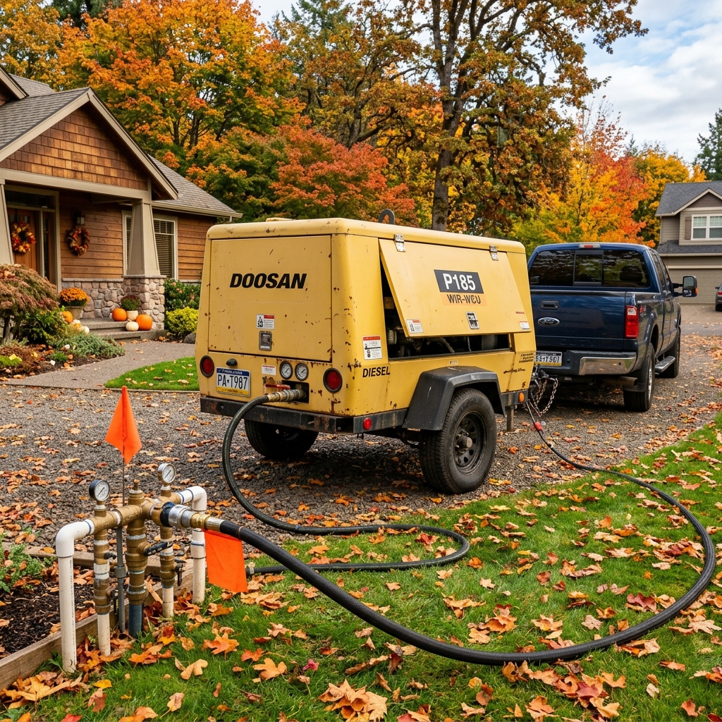 Commercial tow-behind diesel compressor blowing out sprinkler lines