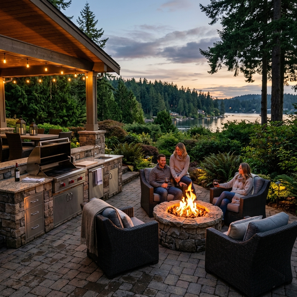 Luxury outdoor living area with Belgard stone kitchen and fire pit