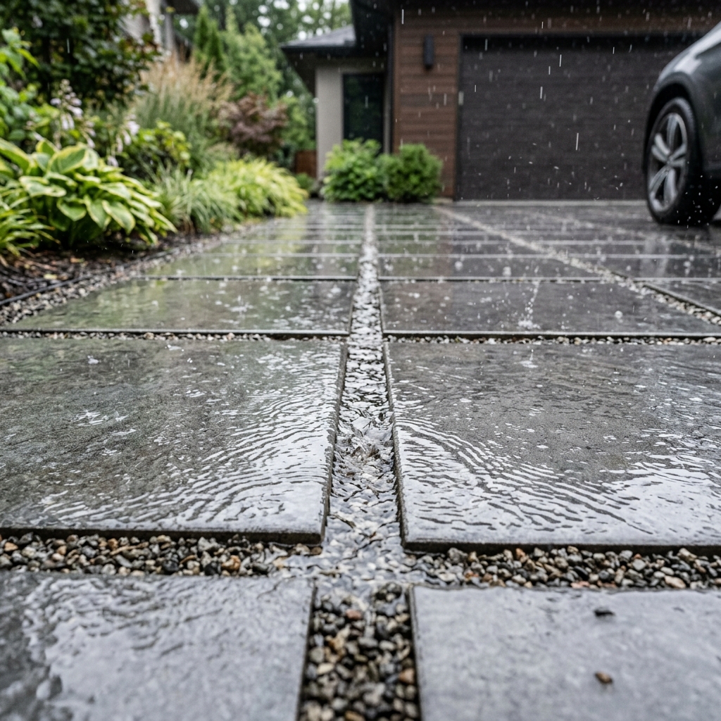 Close up of rainwater draining through permeable porcelain pavers