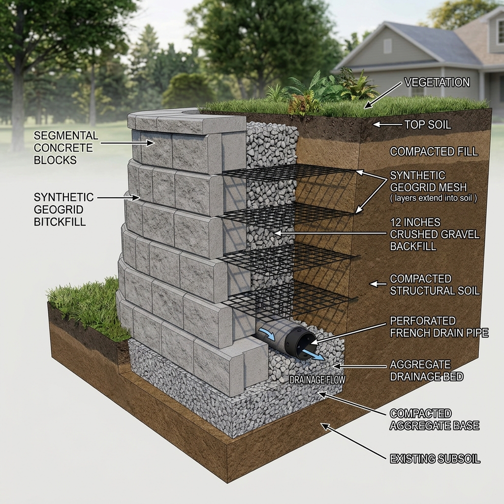 3D Architectural Diagram of Geogrid Retaining Wall