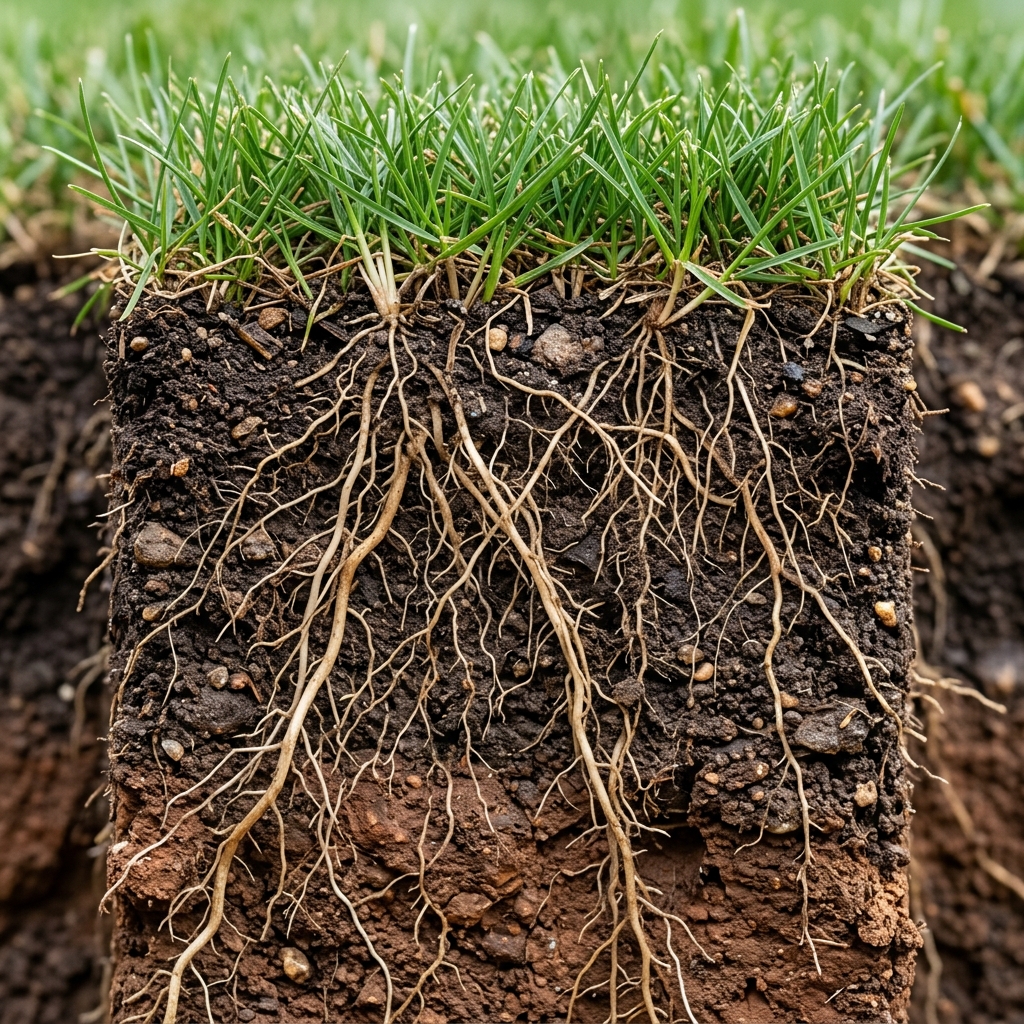 Macro view of thick roots penetrating rich top soil