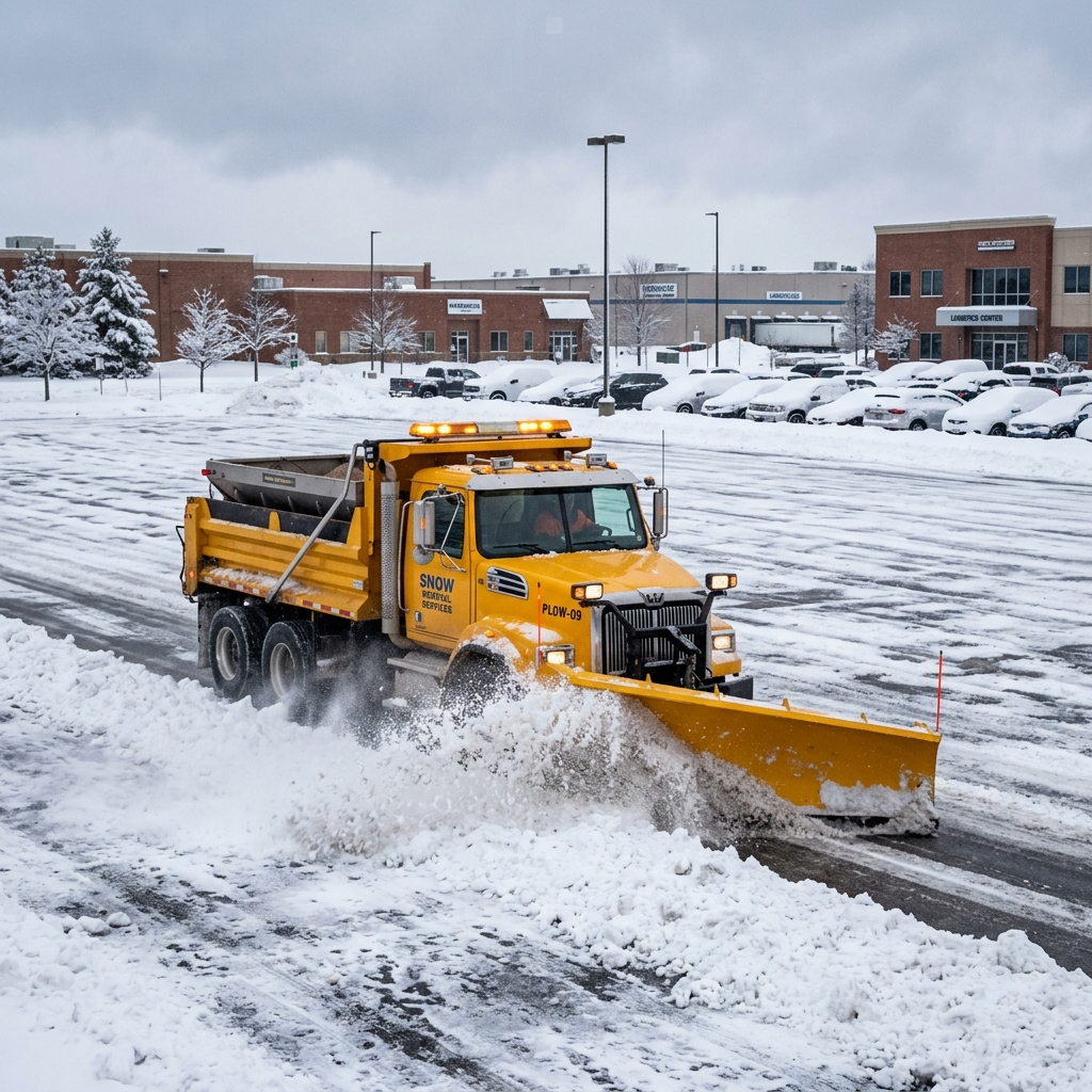 Heavy duty yellow commercial snow plow moving thick snow