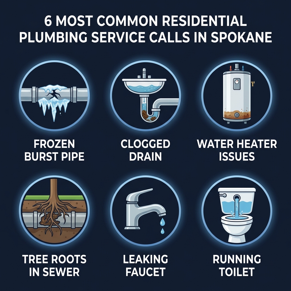 Infographic grid showing 6 most common Spokane plumbing service calls: frozen burst pipe, clogged drain, water heater failure, tree root sewer intrusion, leaking faucet, and running toilet