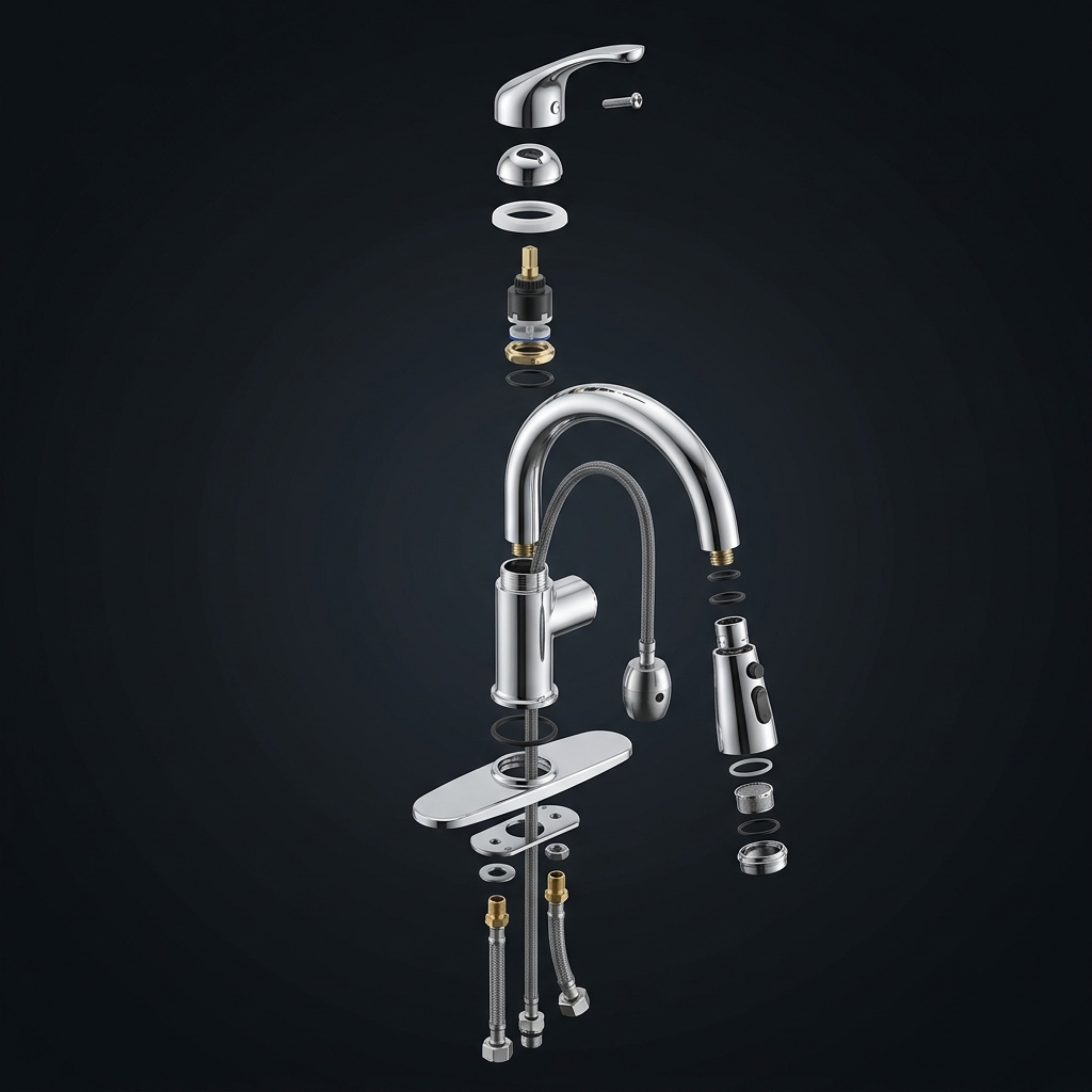 Exploded view of a kitchen faucet showing internal components