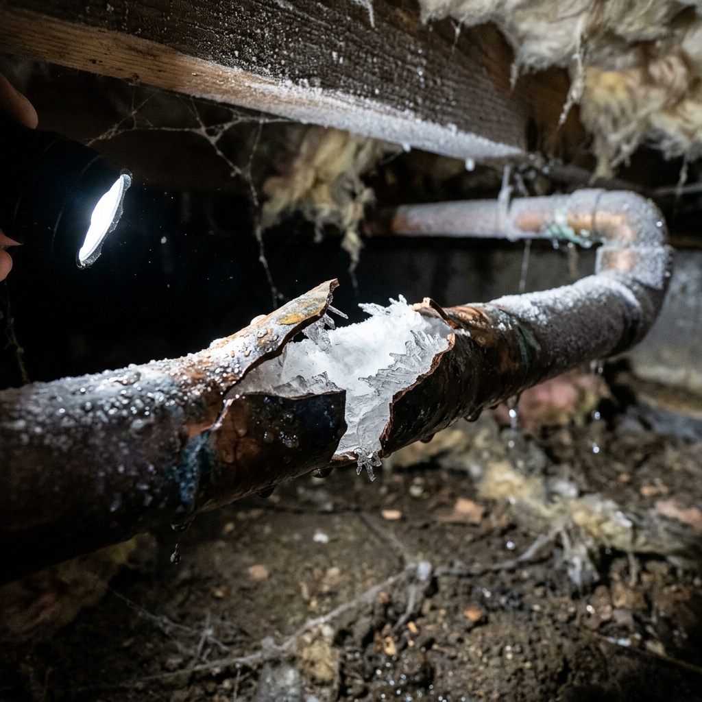 Frozen and burst copper water pipe in a residential crawlspace