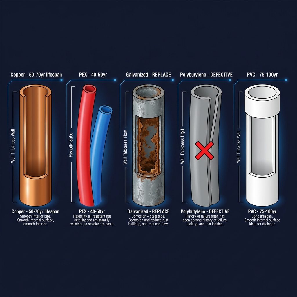 Side-by-side comparison of 5 residential pipe materials: copper with 50-70 year lifespan, PEX with 40-50 years, galvanized steel corroded interior marked for replacement, polybutylene marked as defective, and PVC drain pipe with 75-100 year lifespan