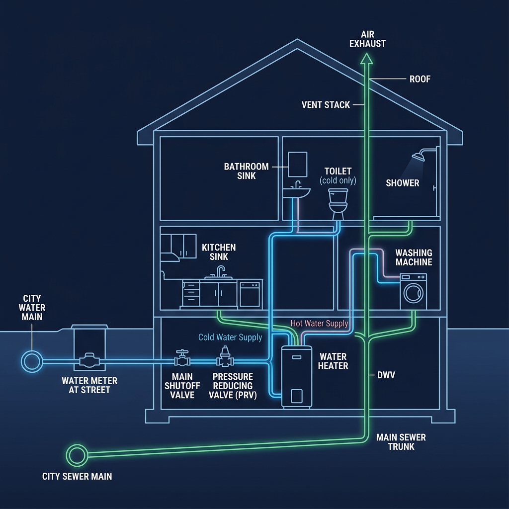 Cross-section diagram of a residential plumbing system showing water supply lines in blue from street meter through PRV and water heater to fixtures, and drain-waste-vent lines in green flowing by gravity to city sewer, with vent stack through roof