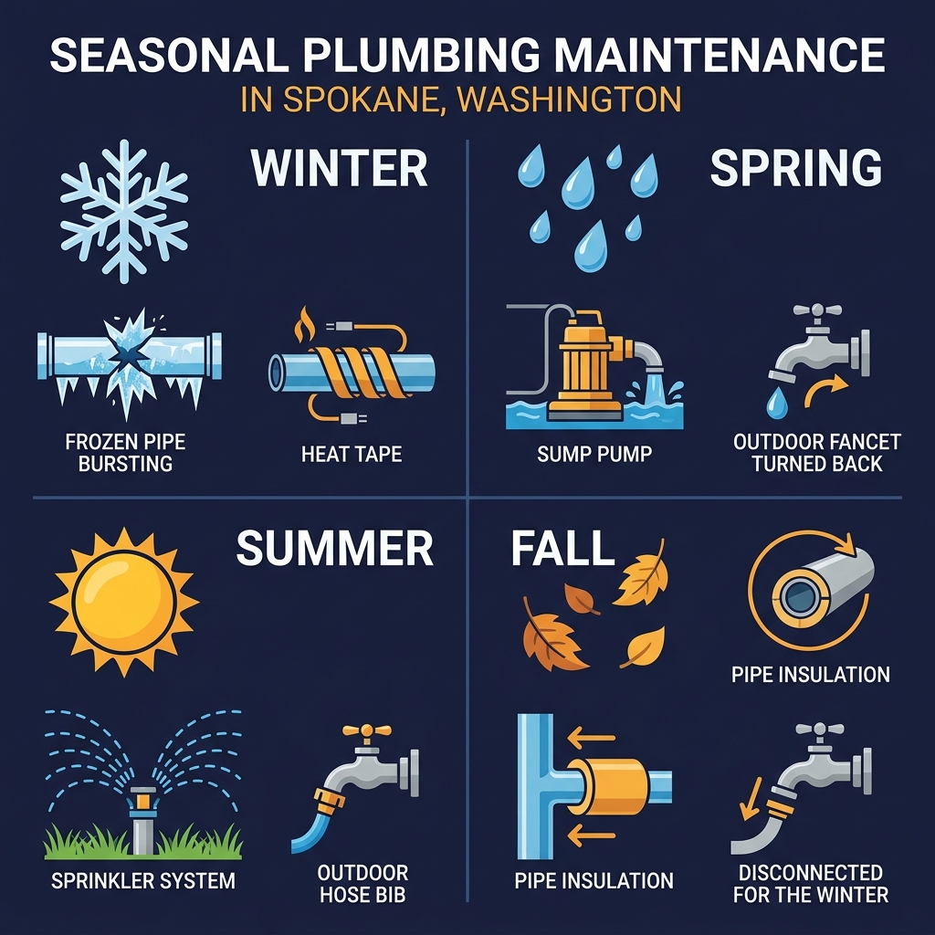 Four-quadrant seasonal plumbing maintenance infographic for Spokane: Winter with frozen pipe prevention, Spring with sump pump and outdoor faucet checks, Summer with irrigation systems, Fall with pipe insulation and hose disconnection