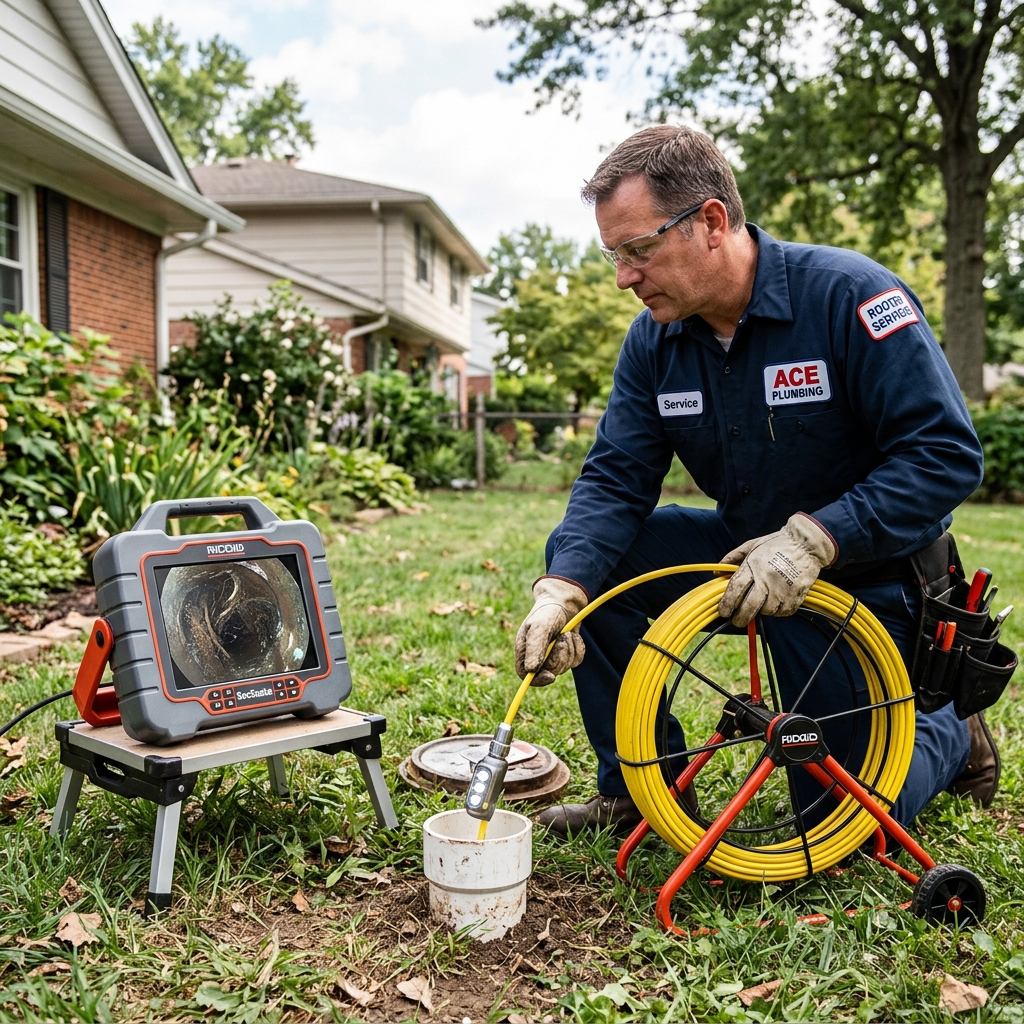 Sewer camera inspection showing tree root intrusion on monitor