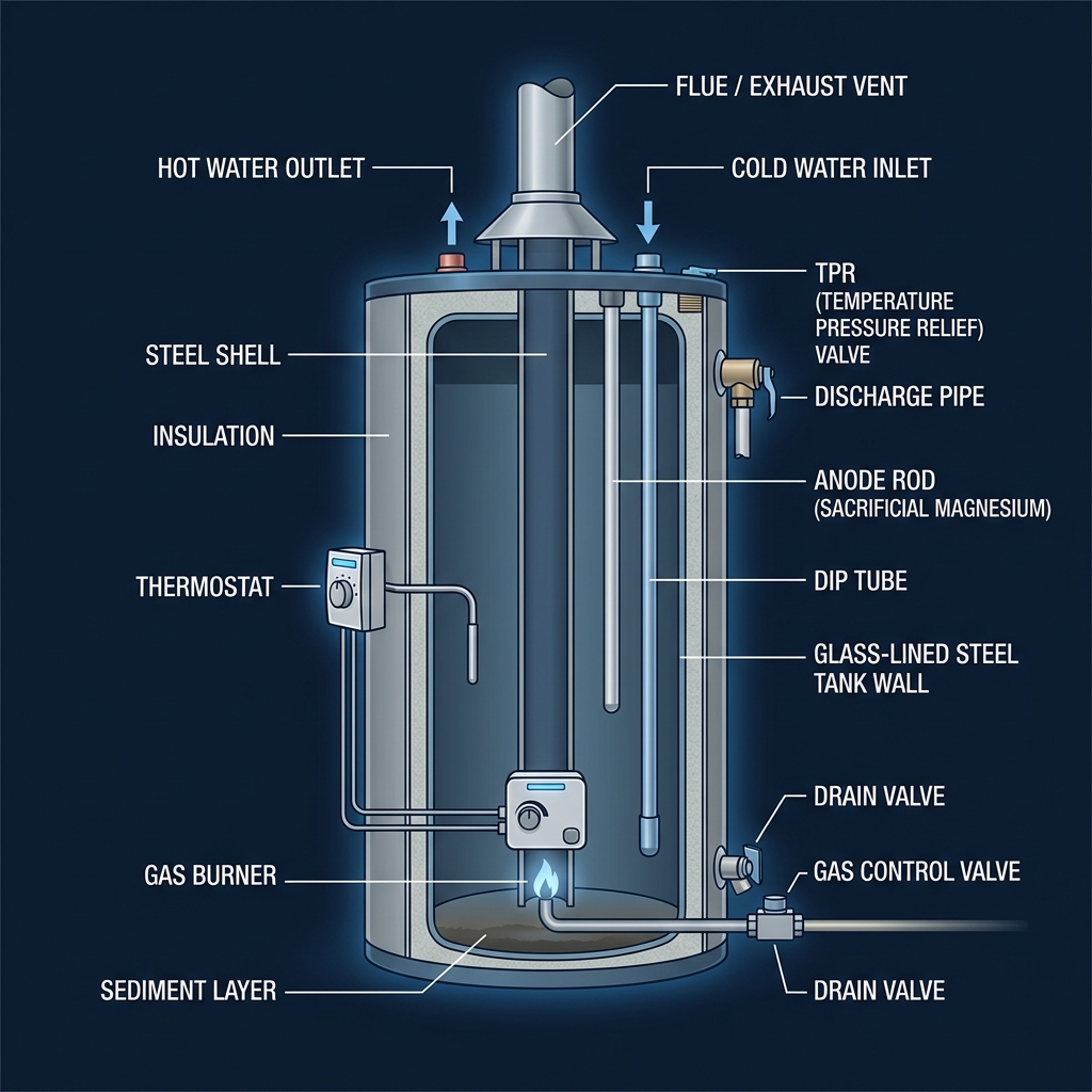 Cutaway cross-section diagram of a tank water heater showing cold water dip tube, hot water outlet, sacrificial anode rod, gas burner, flue vent, thermostat, TPR valve with discharge pipe, drain valve, sediment layer, glass-lined steel tank, and insulation