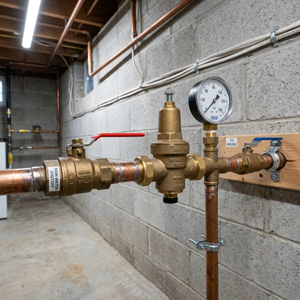 Residential water main shutoff valve and pressure regulator