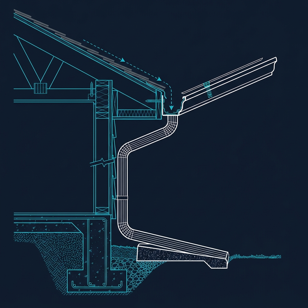 Cross-section diagram of a gutter and downspout drainage system