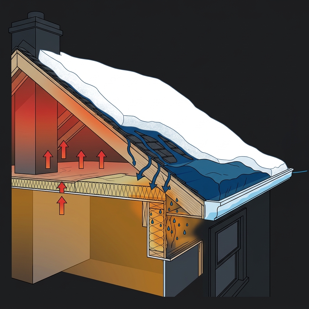 Diagram showing ice dam formation from poor attic insulation