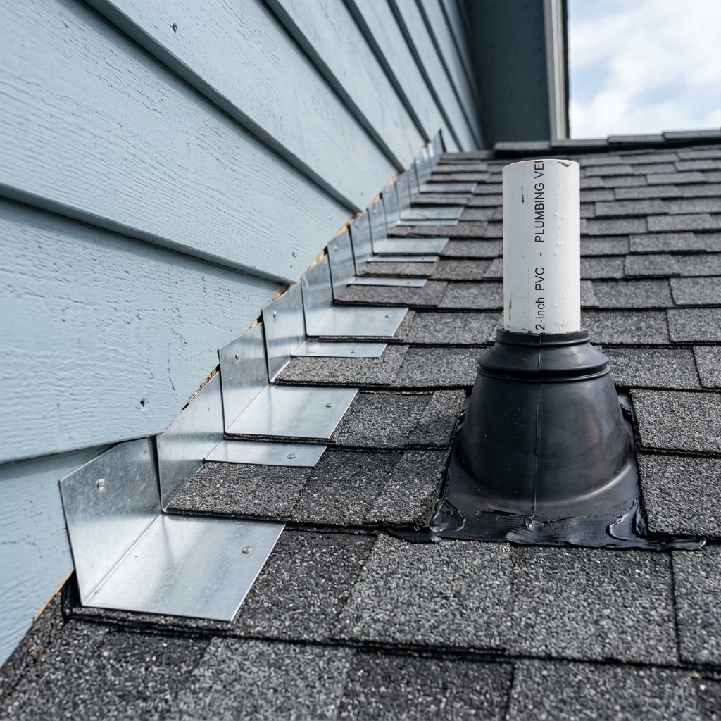 Close-up of step flashing and pipe boot installation on a residential roof