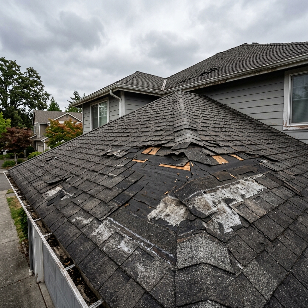 Damaged residential roof showing curling shingles, granule loss, and missing tabs