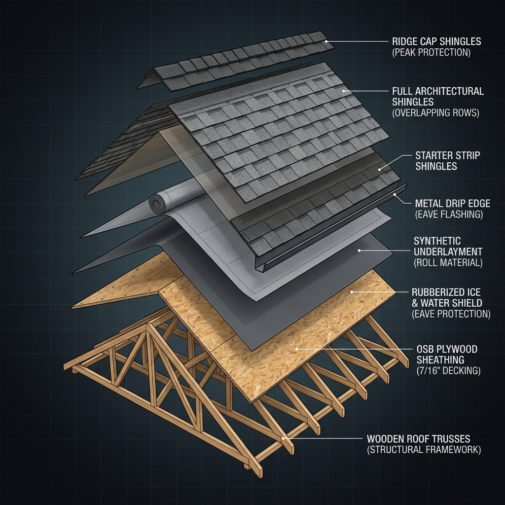 Exploded 3D view showing all roof layers separated