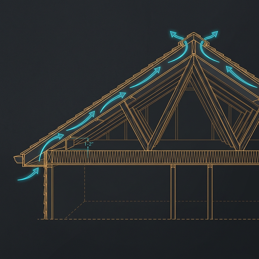 Diagram of proper attic ventilation with soffit intake and ridge exhaust
