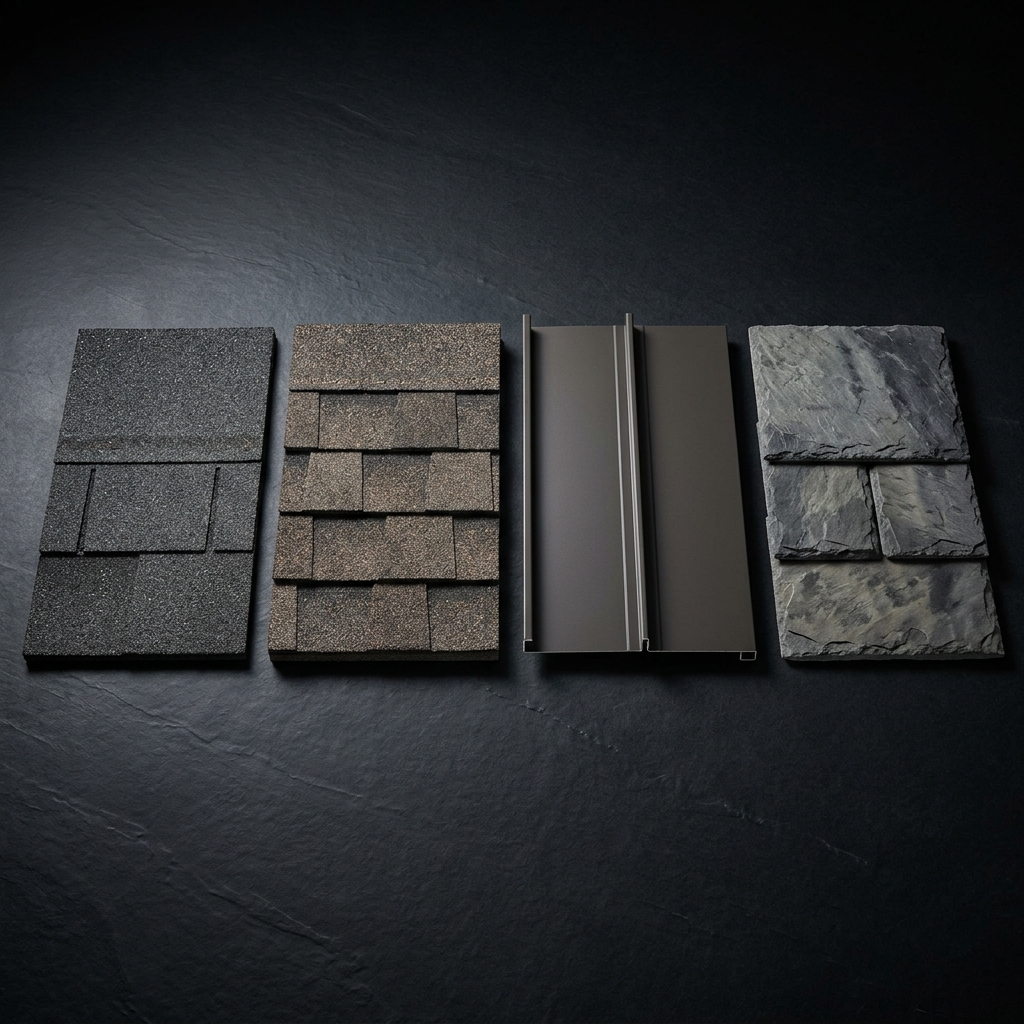 Side-by-side comparison of 3-tab, architectural, metal, and composite roofing materials