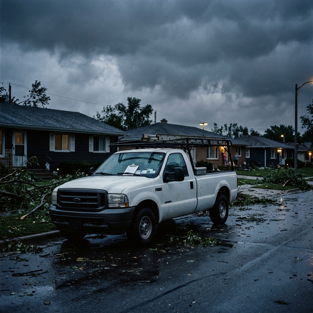 Unmarked storm chaser truck parked on residential street after a storm