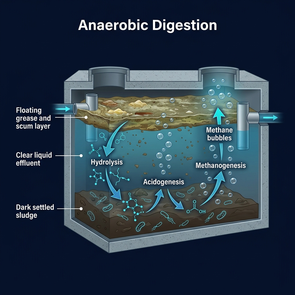 Diagram of anaerobic digestion process inside a septic tank showing hydrolysis, acidogenesis, and methanogenesis stages with scum, effluent, and sludge layers