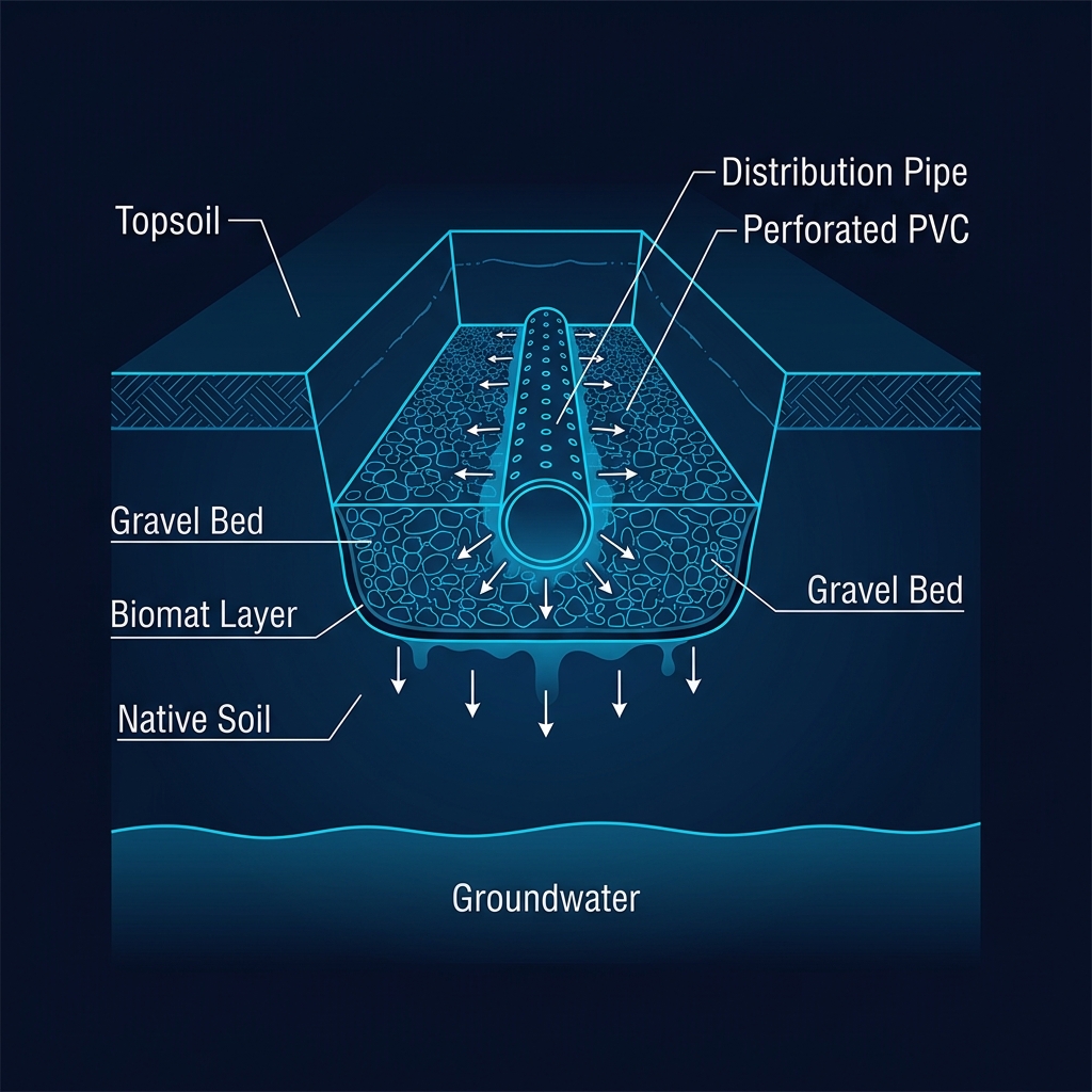 Cross-section of a septic drainfield trench showing topsoil, distribution pipe, gravel bed, biomat layer, native soil, and groundwater with directional flow arrows