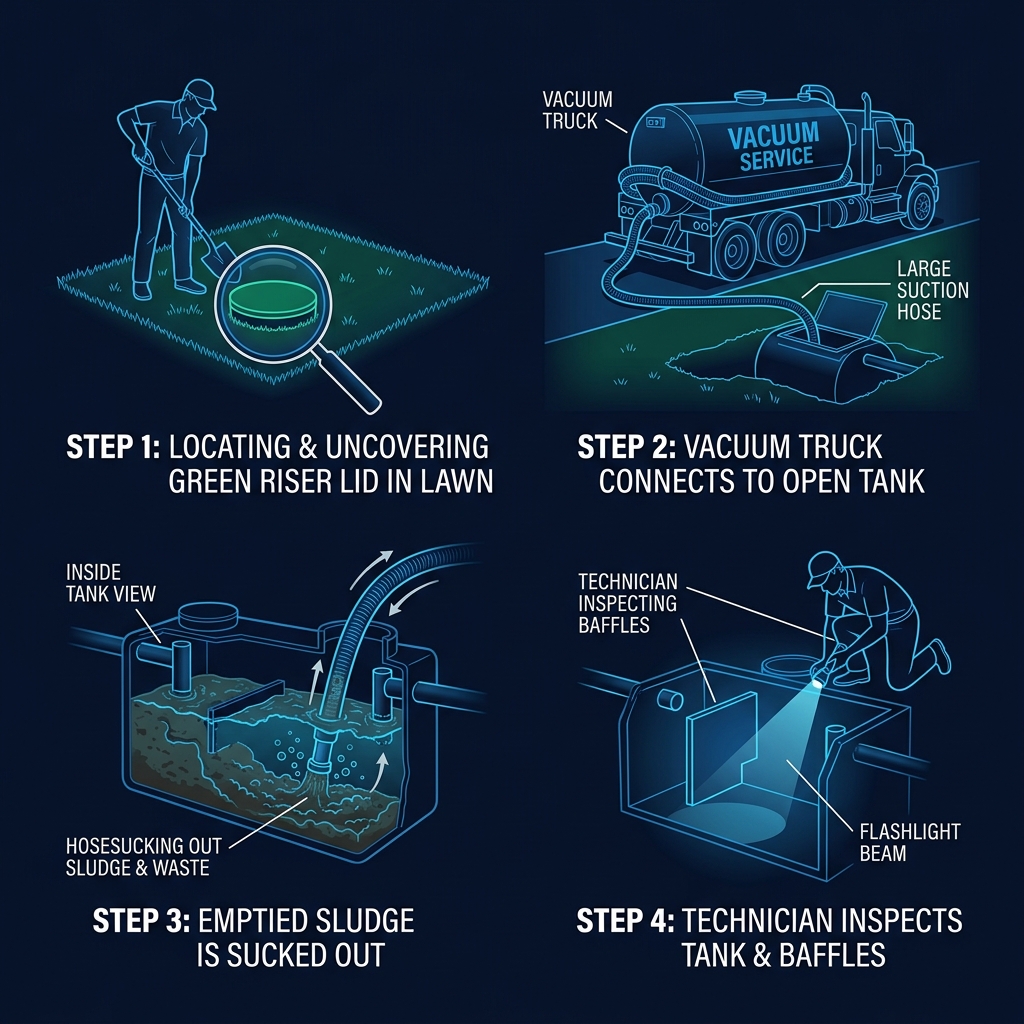 Step-by-step infographic showing the septic tank pumping process: locating the lid, inserting vacuum hose, extracting sludge, and inspecting baffles