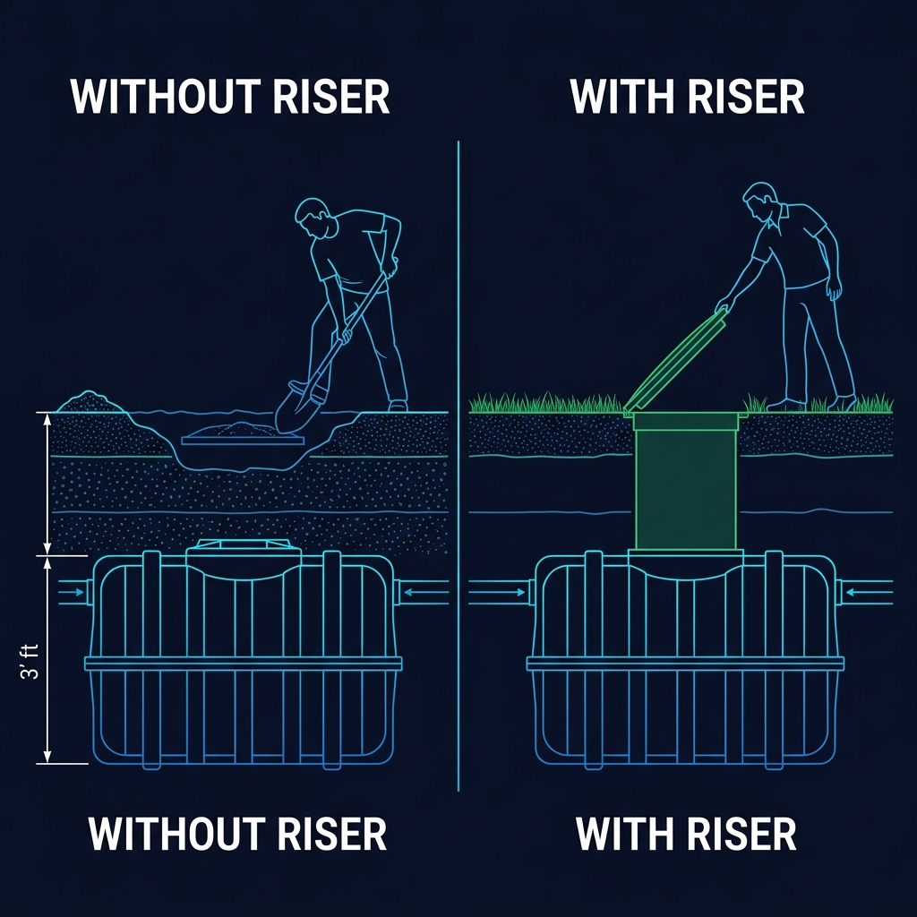 Before and after comparison showing a buried septic tank lid requiring excavation versus a riser extending to ground level for easy access