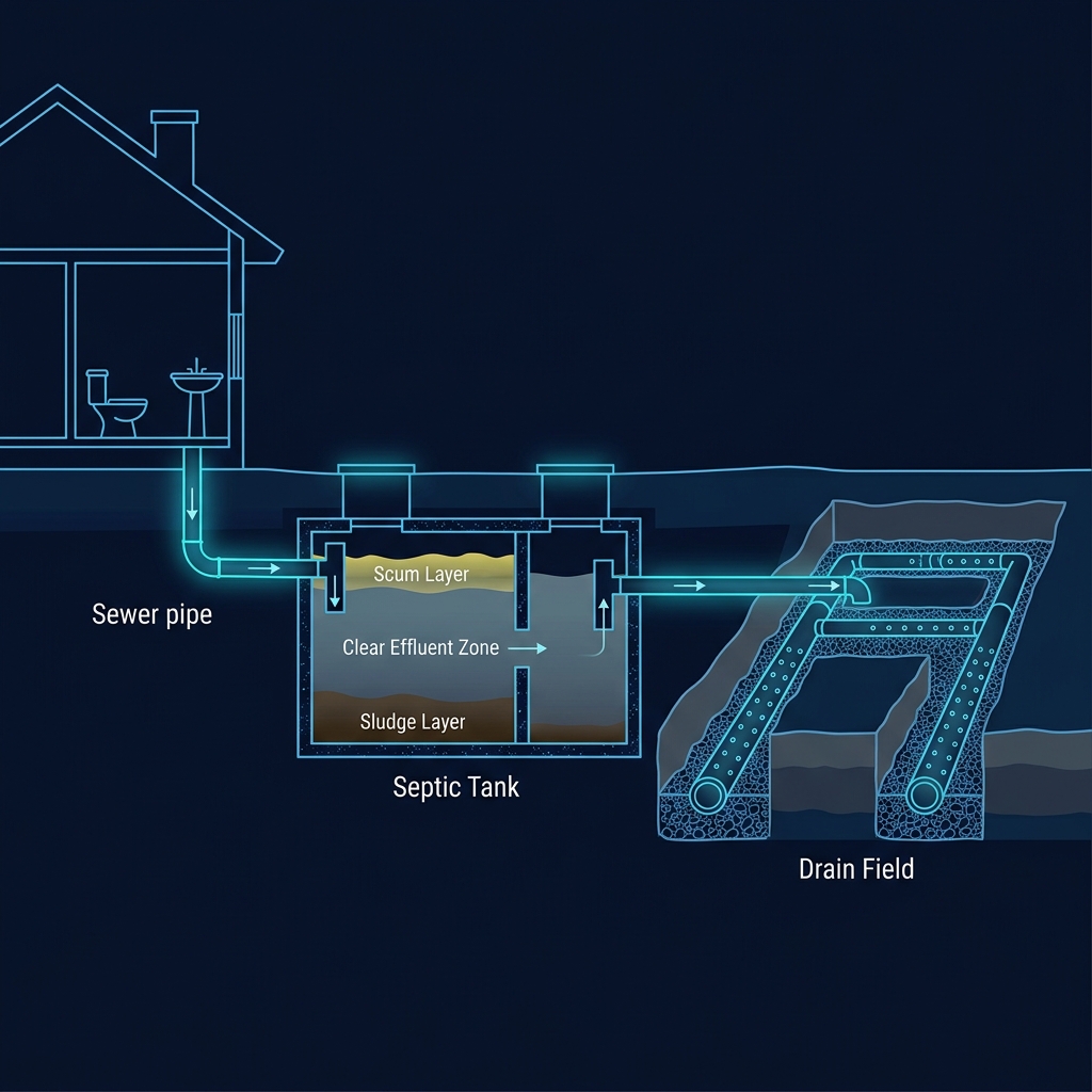Cross-section diagram of a complete residential septic system showing house, sewer pipe, septic tank with scum, effluent, and sludge layers, outlet baffle, and drain field with perforated pipes in gravel trenches