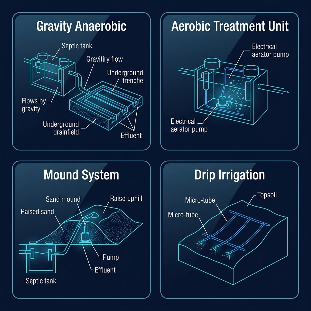 Comparison of four septic system types: gravity anaerobic, aerobic treatment unit, mound system, and drip irrigation