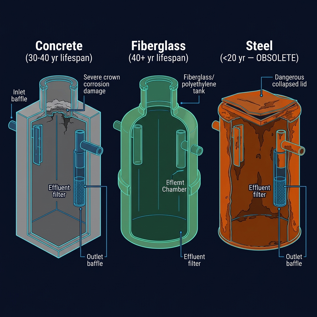 Comparison diagram of three septic tank materials: concrete (30-40 year lifespan), fiberglass (40+ year lifespan), and steel (under 20 years, obsolete)