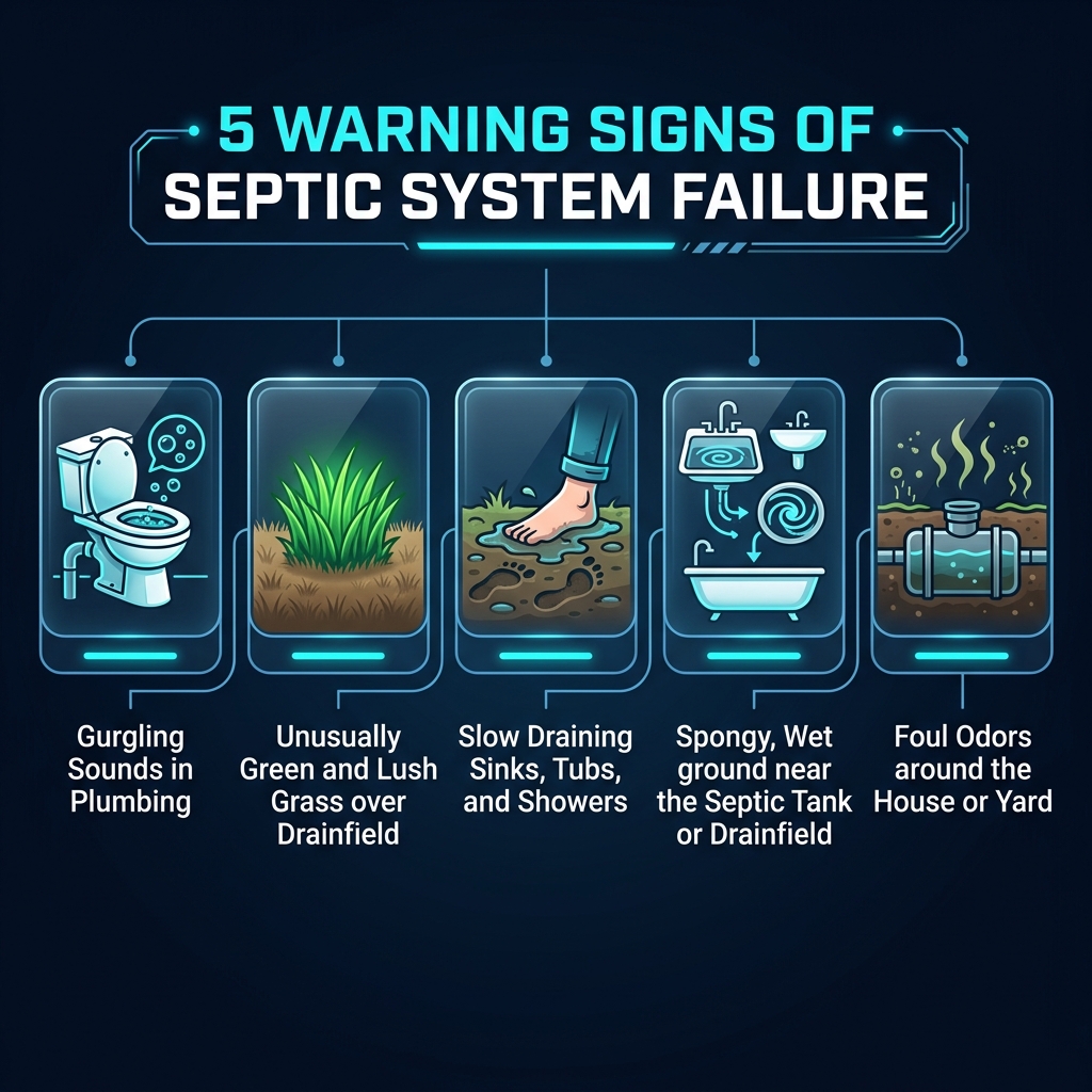 Infographic showing 5 warning signs of septic failure: gurgling toilets, lush green patches, spongy ground, slow drains, and outdoor sewage odor
